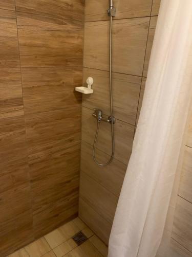 uma casa de banho com chuveiro e cortina de chuveiro em Privat Železný Brod em Železný Brod