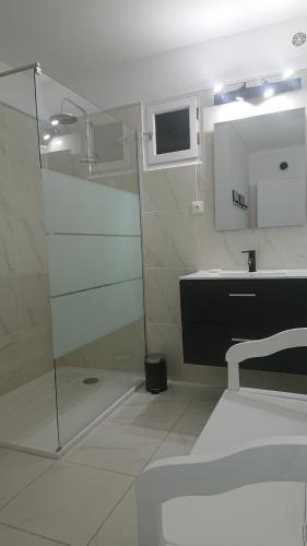 een badkamer met een glazen douche en een wastafel bij A Tana di a Volpe in Alzetu