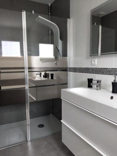uma casa de banho branca com um lavatório e um chuveiro em Maison familiale avec jardin de 1500m2 em Saint-Genès-de-Fronsac