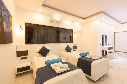een slaapkamer met 2 bedden en een tv. bij Villa Vena Kalkan in Kas