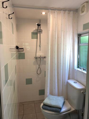 La salle de bains est pourvue de toilettes, d'une douche et d'une fenêtre. dans l'établissement Un bel endroit dans la nature, à Beyssac