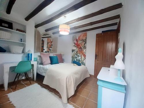 een slaapkamer met een bed en een bureau in een kamer bij Escapada al sur in Frigiliana