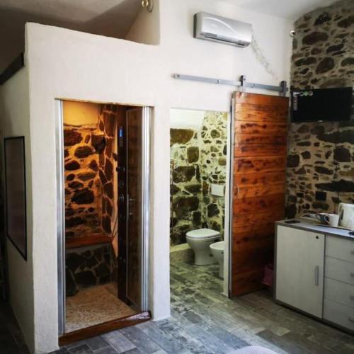 a bathroom with a shower with a toilet and a sink at La Cantinetta di Sve in Riccò del Golfo di Spezia
