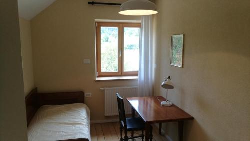 1 dormitorio con escritorio, 1 cama y ventana en Holiday Home Lož, en Stari Trg pri Ložu