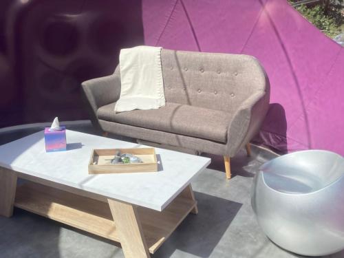 a living room with a couch and a table at Les Perles Catalanes in Vinça