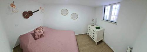 a room with a pink bed with a cat on it at Casa da Andorinha in Pardieiros