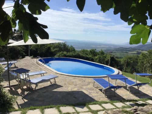 - une piscine bleue avec 2 chaises et un parasol dans l'établissement Appartamenti Valdipetrina, à Città di Castello