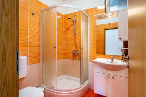 a bathroom with a shower and a sink at Villa Matea - heated pool, peace, view in Pridraga