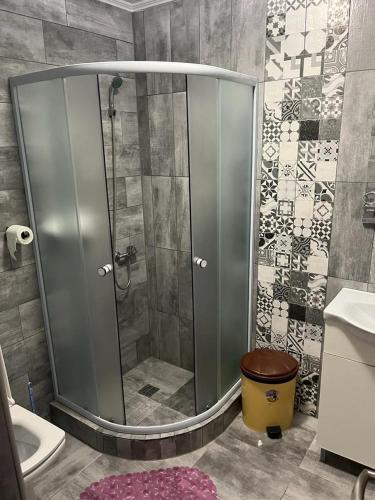 a bathroom with a shower with a glass door at Vila Angi in Mangalia