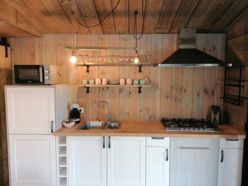 a kitchen with white cabinets and a sink and a stove at Le canard: rustig genieten aan het water in Geel