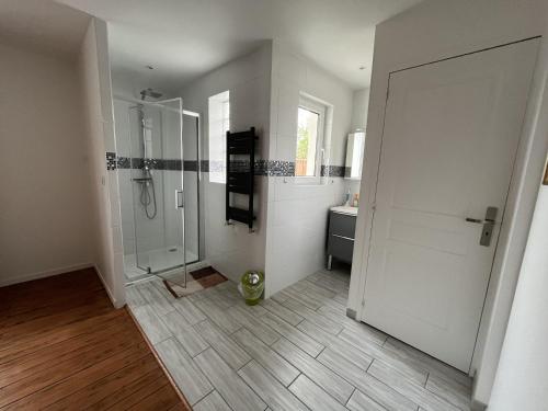 a bathroom with a walk in shower and a glass door at Maison Arcachon, 6 pièces, 9 personnes - FR-1-374-187 in Arcachon