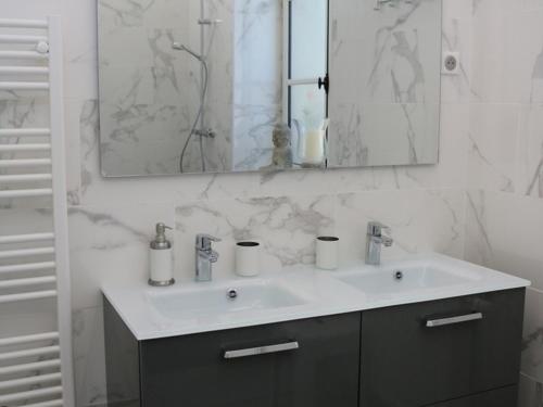 ein Bad mit einem Waschbecken und einem Spiegel in der Unterkunft Gîte Romeries, 3 pièces, 5 personnes - FR-1-510-174 in Romeries