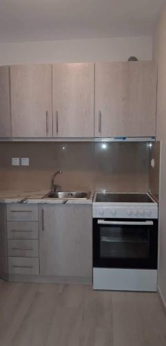 a kitchen with white cabinets and a stove and a sink at Nikiana Family Apartment in Nikiana