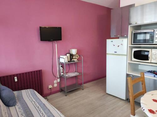- une cuisine avec un mur rose et un réfrigérateur blanc dans l'établissement T1 proche Parc Charles de Gaulle, 1er étage avec ascenseur, loggia, tout équipé, idéale pour 2 personnes - FR-1-571-55, à Balaruc-les-Bains