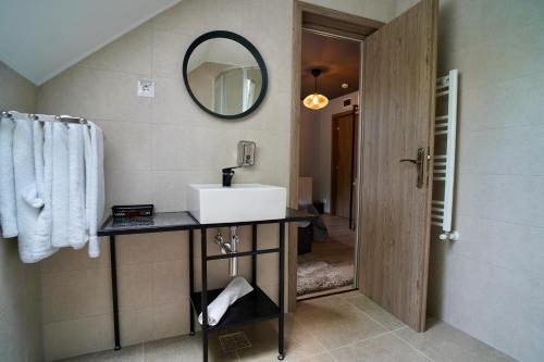 a bathroom with a sink and a mirror at CORVIN HOUSE in Hunedoara