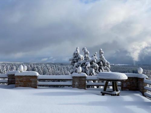 eine schneebedeckte Bank neben einem Zaun in der Unterkunft Berghotel Stutenhaus in Schmiedefeld am Rennsteig