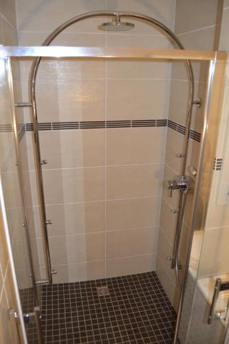 une douche avec une porte vitrée dans une salle de bain dans l'établissement Gite HANSEL de la Ferme du Schneeberg, à Wangenbourg