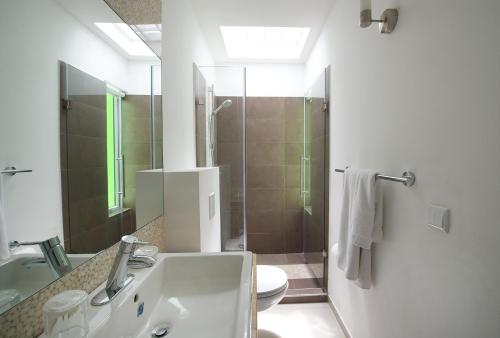 a bathroom with a sink and a shower and a toilet at Piscadera Harbour Village in Willemstad