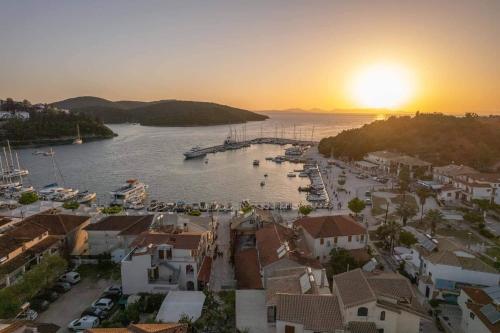 an aerial view of a harbor with boats in the water at Virvilis Apartments in Sivota