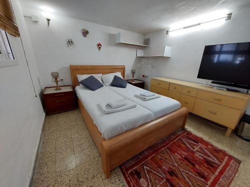 Schlafzimmer mit einem Bett und einem Flachbild-TV in der Unterkunft Roof APT W terrace garden,1BR 1BA in Tel Aviv