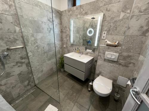 uma casa de banho com um chuveiro, um WC e um lavatório. em Terrace Apartman Prémium Belváros Jacuzzival em Veszprém