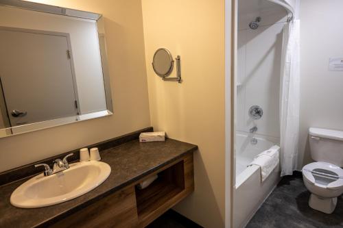 a bathroom with a sink and a toilet and a mirror at Ermitage Saint-Antoine in Lac-Bouchette