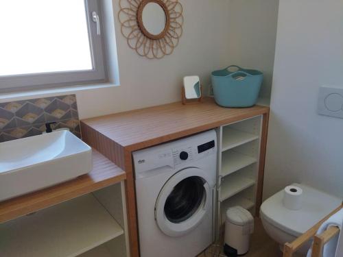 une salle de bain avec une machine à laver et un lavabo dans l'établissement La cabine du bout du monde avec Mezzanine - Ile de Sein - votre maison de vacances de haut standing - PL03, à Crozon
