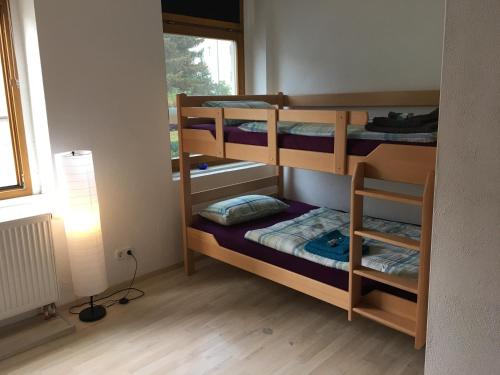 a room with three bunk beds and a window at Wohnen in 09599 Freiberg, Buchstraße 14 in Freiberg