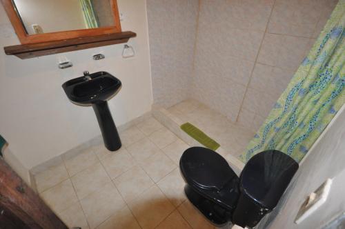 a bathroom with a toilet and a sink and a mirror at Tapir Lodge in Marian