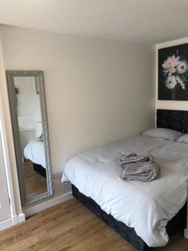 una camera con letto e specchio di Lovely Modern decorated 1 bed Studio a Newport