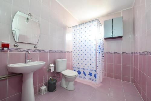 une salle de bains rose avec toilettes et lavabo. dans l'établissement BİLGİNER APART, à Demre