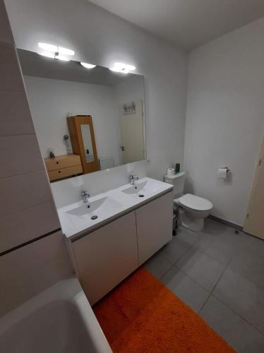 une salle de bain avec un lavabo, des toilettes et un miroir dans l'établissement Maison avec jardin, à Lunel