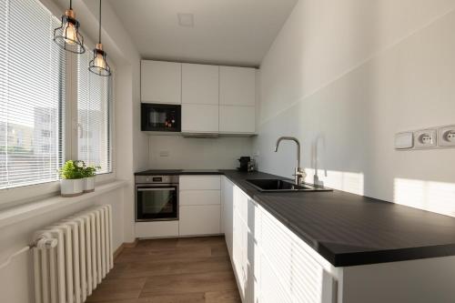 a kitchen with white cabinets and a black counter top at apartmán NA NOC V BOHDANČI in Lázně Bohdaneč