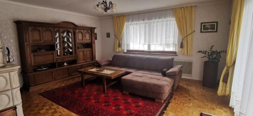 a living room with a couch and a table at Am Kaltenbach - Spital am Semmering, Stuhleck in Spital am Semmering