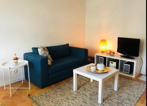 ein Wohnzimmer mit einem blauen Sofa und einem TV in der Unterkunft t Hoeveke in Ostende