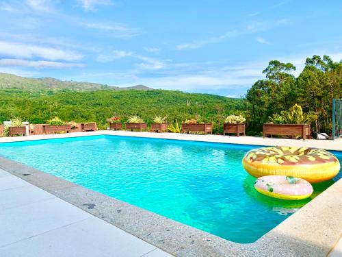 una piscina con una balsa en el agua en Casa Valfonte - Moradia com piscina 