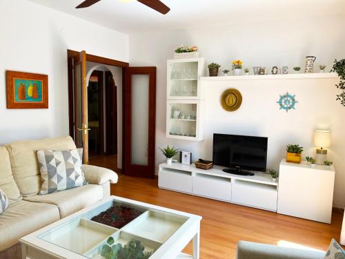ein Wohnzimmer mit einem Sofa und einem TV in der Unterkunft Apartamento Medina in Fuengirola