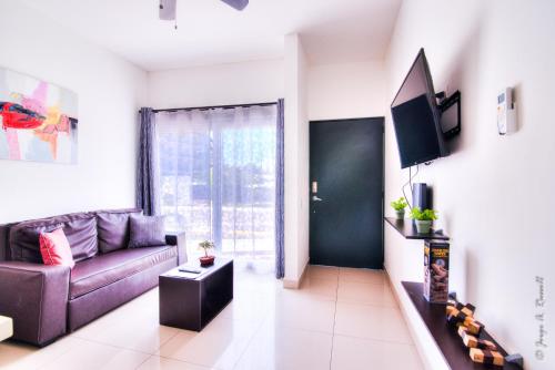 een woonkamer met een bank en een tv bij Jaco Modern & Beach Apartment - Lapa Living A1 in Jacó