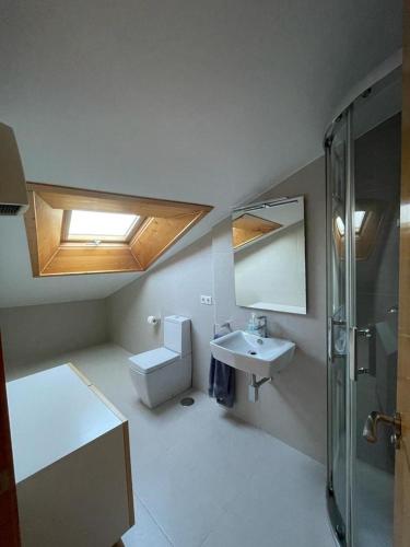 a bathroom with a toilet and a sink and a skylight at Ático en Cambados in Cambados