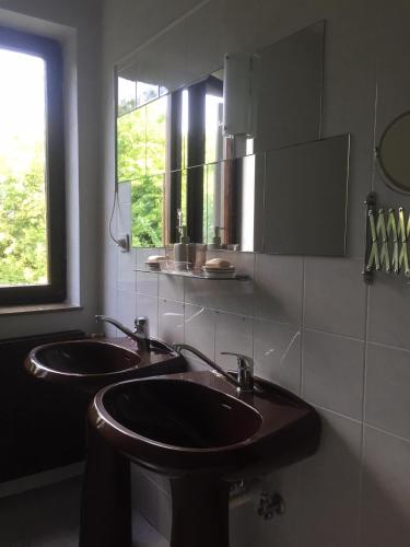 ein Badezimmer mit zwei Waschbecken, einem Spiegel und einem Fenster in der Unterkunft Salara farmhouse in Koper