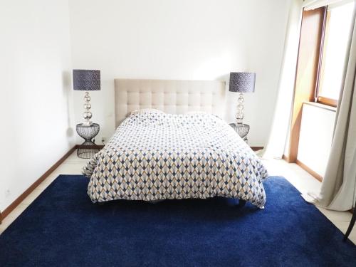 een slaapkamer met een bed met een blauw tapijt en 2 lampen bij La suite de l'Observatoire in Straatsburg