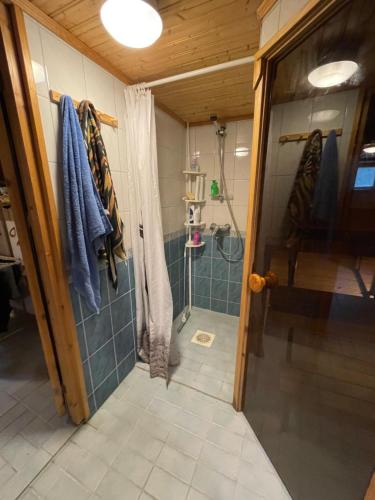 a bathroom with a shower and a glass door at Sadan vuoden talo in Pori