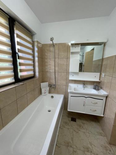 y baño con bañera, lavabo y espejo. en Bibis Apartments, en Nehoiu