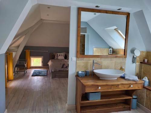 een badkamer met een wastafel en een spiegel bij Le Clos des Figuiers - 3 Chambres d'hôtes de charme in Duravel