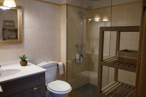 łazienka z prysznicem, toaletą i umywalką w obiekcie Apartamento con jardín en la Cerdanya w mieście Err