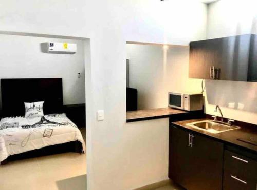 a bedroom with a bed and a kitchen with a sink at Departamento hermoso en guadalupe in Monterrey