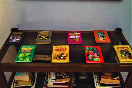 a bunch of books sitting on a shelf at Eventuality B&B New Kingston in Kingston