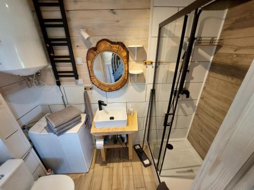 een kleine badkamer met een wastafel en een spiegel bij Domek Mani in Trześcianka