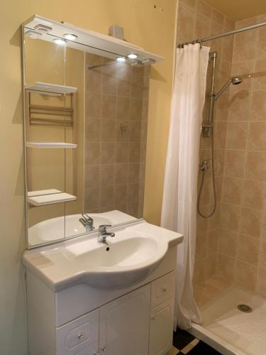 a bathroom with a sink and a shower at stylish one bedroom apartment in a lovely village in Saint-Vincent-Rive-dʼOlt