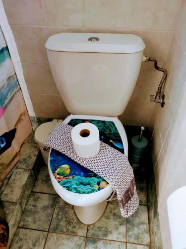 a bathroom with a toilet with a fish tank at IRIS STUDIOS in Agios Nikitas
